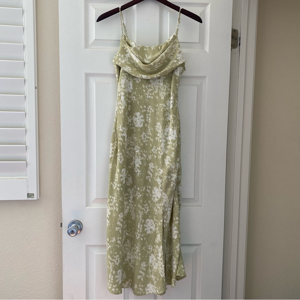 Saints + Secrets Cowl Neck Side Slit Slip Midi Floral Dress